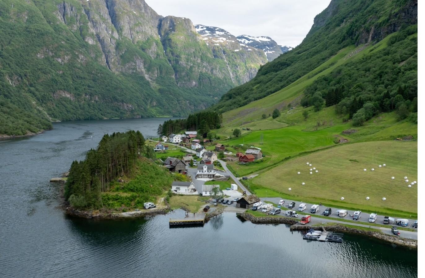 The campsite and the village of Bakka seen from a boat out on the fjord